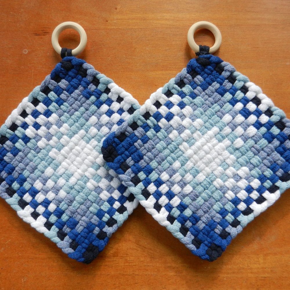 Set of 2 Handmade Artisan Woven Loomed Frozen Blues Potholders Hot Pads Trivets